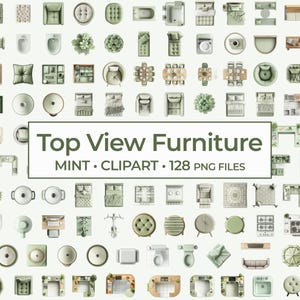 Mintgrön och pastellgrön möbelclipart, ovanifrån rumsplanerare PNG, ovanifrån mjukgrön inredningsdesignset, digital planritningsdesign