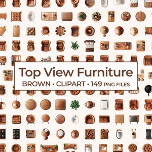Clipart-set med bruna möbler ovanifrån, PNG-paket med varm träinredning för digitala rumsplaneringsresurser och möbelgrafik med planritningar
