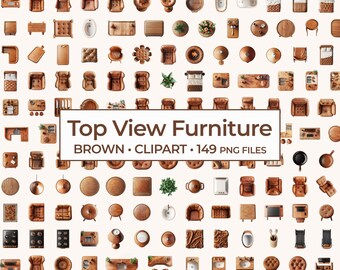 Top View Brown Furniture Clipart Set, Warm Wood Home Decor PNG Bundle for Digital Room Planning Assets and Floor Plan Furniture Graphics