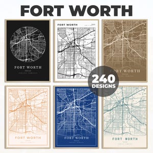 Op de afbeelding: Zes verschillende stadsplattegronden van Fort Worth, Texas. De kaarten zijn in zwart-wit, bruin, blauw en beige. De tekst "240 Designs" staat in het midden van de afbeelding.