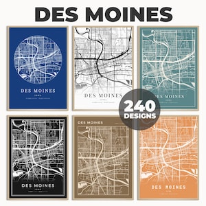 Impression de carte de la ville de Des Moines, affiche de Des Moines en noir et blanc, art mural moderne, plan de rue, décoration d'intérieur de Des Moines, 240 modèles de carte