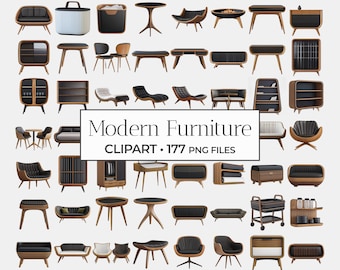 May include: A collection of 177 modern furniture clipart images in PNG format. The images include chairs, sofas, tables, shelves, and other furniture pieces in various styles and colors.