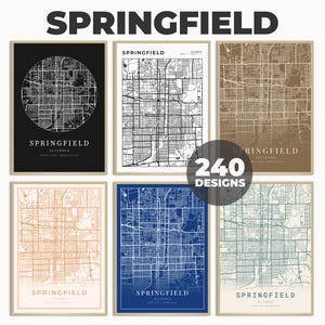 Poster della città di Springfield, arte murale di Springfield, poster della mappa stradale di Springfield, arte della mappa, mappa della città in regalo, 240 design di mappe, poster della mappa di Springfield