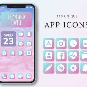 App Icons iOS | Aesthetic iPhone Home Screen Themes - White App Icons | 110 Pink-Blue Gradient & White App Icons for iOS | App Icons Bundle