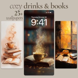 May include: Digital art featuring a cozy theme with coffee cups, books, and the text "cozy drinks & books". The image includes several illustrations of coffee cups on stacks of books, and a phone screen displaying the time.