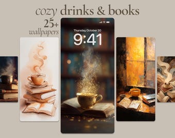 Cozy Drinks and Books Wallpaper Bundle, 25 Reading Nook Aesthetic Backgrounds, Magical Coffee Glow Phone Art, Warm Library Vibes for Phone