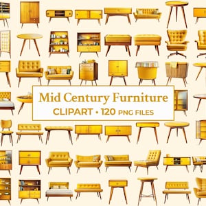Mid Century Interior Design Clipart Bundle, Retro Furniture PNG Graphics for Scrapbooking, Mid Century Furniture Clipart Set for DIY Crafts