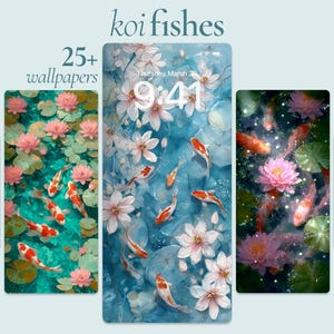 May include: Digital wallpapers featuring koi fish swimming among water lilies and flowers. The images have a watercolor style with a blue and teal color palette. The text "koi fishes" and "25+ wallpapers" are displayed.