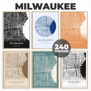 May include: Six different city map prints of Milwaukee, Wisconsin. Each print features a different color scheme and style, including black and white, blue and white, and brown and white. The prints are all framed in a simple wooden frame.