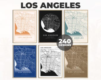 May include: A collection of framed Los Angeles map prints in various colors, including orange, black, blue, and brown. The prints display the city's street grid and coastline. The text "LOS ANGELES" and "CALIFORNIA" are visible on the prints. The image also includes the text "240 DESIGNS".