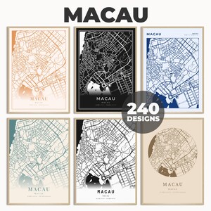 Könnte beinhalten: Sechs verschiedene Posterdesigns mit einer Karte von Macau. Die Poster sind in verschiedenen Farbkombinationen gehalten, darunter Schwarzweiß, Blauweiß und Braunweiß. Der Text "MACAU" ist auf jedem Poster gedruckt.