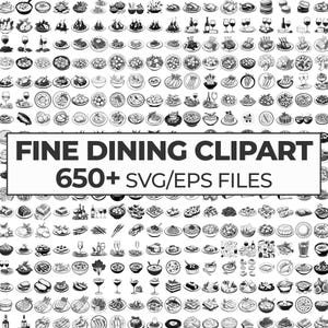 Conjunto de imágenes prediseñadas de cocina de alta cocina, vector de restaurante elegante, ilustraciones de comida gourmet, silueta de restaurante de lujo, paquete gráfico de alta cocina