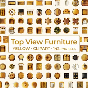 Clipart-set med gula möbler ovanifrån, gult heminrednings-PNG-paket, digitala inredningstillgångar och rumslayout, möbler från luften