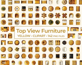 Top View Yellow Furniture Clipart Set, Yellow Home Decor PNG Bundle, Digital Interior Design Assets and Room Layout, Aerial View Furniture
