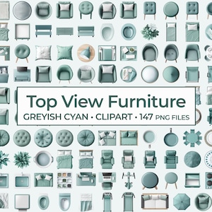 Ovanifrån vy av mintgrönt och blågrönt möbel Clipart-paket, ovanifrån vy av inrednings-PNG:er för digital rumsplanering och planritningar
