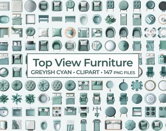Top View Mint Green and Teal Furniture Clipart Bundle, Overhead View Interior Design PNGs for Digital Room Planning and Floor Plans