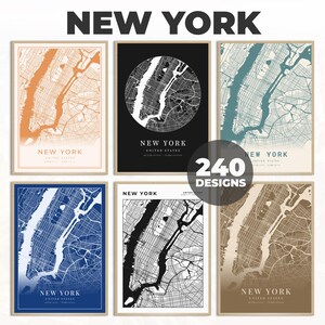 Impresión de mapa de Nueva York, arte mural de Nueva York, decoración de pared de Nueva York, mapa de ciudad de regalo, póster de mapa callejero, impresión de mapa colorido, 240 diseños de mapas