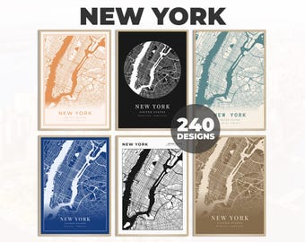 Kaart print New York, kunst aan de muur New York, wanddecoratie New York, cadeau stadsplattegrond, stratenplan poster, kleurrijke kaart print, 240 kaartontwerpen