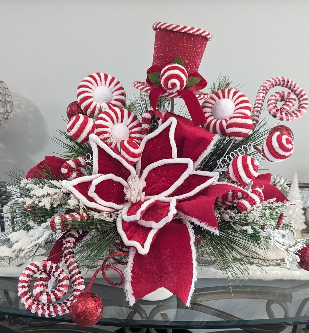 Candy Cane Table Centerpiece. Red and White Christmas Centerpiece