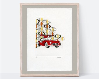 Classic Car Etching, Red Gullwing Wall Art, Classic Car Artwork, 300 SLS Sports Car, Original Art Print, Limited Edition