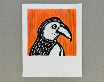 Lino Print Bird, Toucan, Colorful Linocut, Original Art, Printmaking, Small Art, Cute Wall Decor, Nursery Art, Black and Orange, Handmade