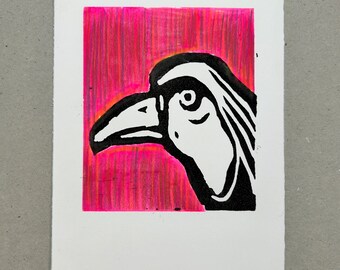 Lino Print Bird, Hawk, Colorful Linocut, Original Art, Printmaking, Small Art, Cute Wall Decor, Nursery Art, Black and Pink, Affordable Art