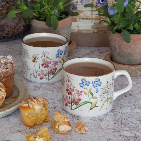 Pair of Vintage Studio Style Cups with Botanical Illustrations