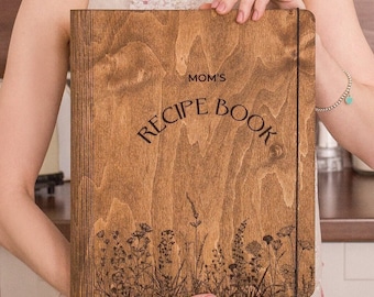 Personalized Recipe Book Blank Cook Book Wooden Recipe Card Binder Handmade Hardcover Journal with Custom Engraving