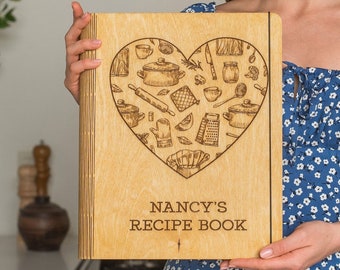 Recipe Book Custom Blank Cookbook Personalized Recipe Binder Bridal Shower Wooden Cover Housewarming Gift