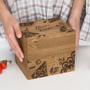 Houten receptenkaartdoos met verdelers, aangepast familiekookcadeau, gepersonaliseerde gegraveerde receptendoos