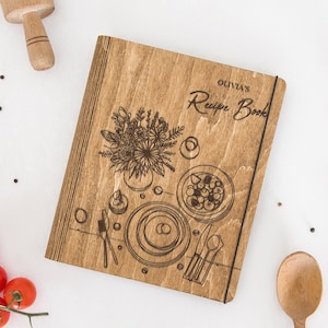 Pasta de receitas de madeira, caderno de receitas em branco personalizado, organizador de receitas de família personalizado com divisórias, presente de culinária para mulheres