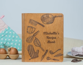 Carpeta de recetas personalizada, libro de cocina, libro en blanco, diario de comida personalizado, cuaderno, regalo de madera para Navidad