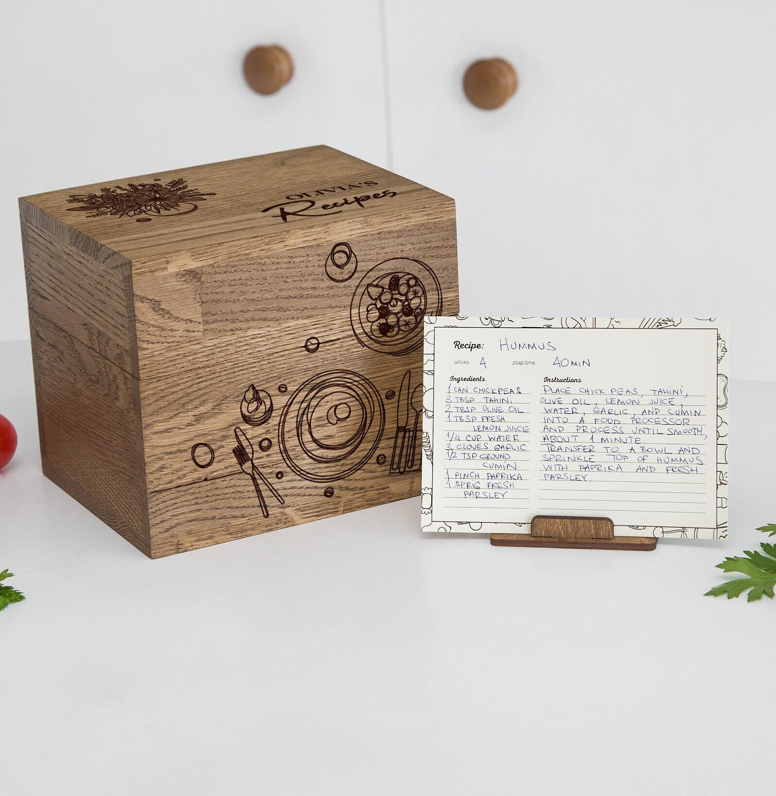 Wooden Box With Lid For Handwritten Recipe Cards 4x6 And Dividers, Kitchen Accessories, New Apartment Housewarming Cooking Gifts