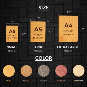 May include: A chart showing different sizes of wooden notebooks, with the options of A6, A5, and A4. The chart also shows the color options of pear, walnut, ebony, cherry, and natural.