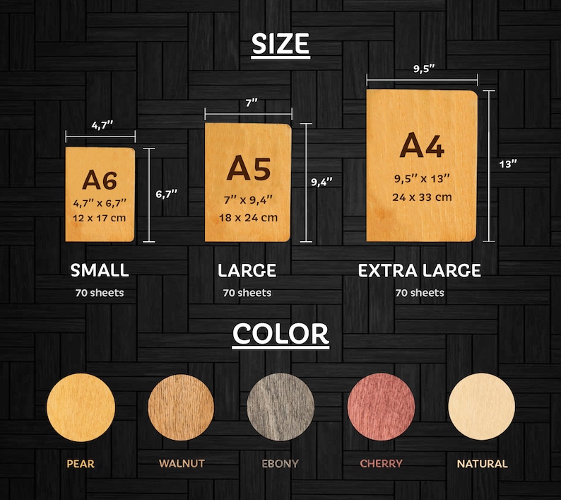 May include: A chart showing different sizes of wooden notebooks, with the options of A6, A5, and A4. The chart also shows the color options of pear, walnut, ebony, cherry, and natural.