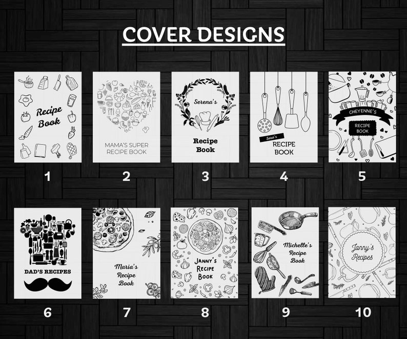 May include: Ten different cover designs for recipe books. Each design features a different theme, including a heart filled with cooking utensils, a pizza, and a chef's hat. The text on the covers includes "Recipe Book", "Mama's Super Recipe Book", "Serena's Recipe Book", "Dad's Recipes", "Maria's Recipe Book", "Janny's Recipe Book", "Michelle's Recipe Book", and "Janny's Recipes".