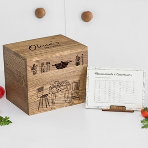 Caja de recetas personalizada con divisores y tarjetas de recetas de 4 x 6, caja de madera para almacenamiento, regalo de accesorios de cocina para el hogar nuevo