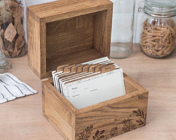 Personalized Wooden Recipe Card Box with Dividers for Handwritten Recipes, Gift For Family