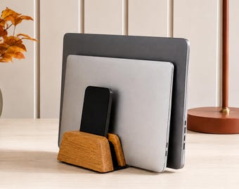 Up to 3 Slots Laptop Stand, Desk Organizer, Vertical Tablet Stand -  Oak Wood