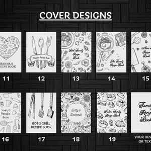 May include: A set of 10 black and white recipe book cover designs. The designs feature various kitchen-related illustrations, such as cooking utensils, food, and text. The designs are numbered 11 through 20.