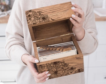 Wooden Recipe Card Box With Dividers Personalized Gift Kitchen Dining