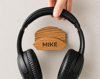 Headphone Stand, Headset Holder, Gaming Desk Accessories, Custom Engraving, Solid Oak Wood