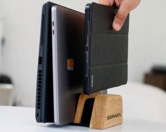 Personalized Wooden Laptop Stand, Adjustable Oak Vertical Holder for Multi Devices