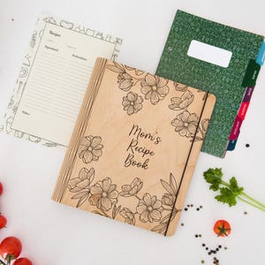 Libro de recetas de madera, libro de cocina personalizado con separadores de recetas, tarjetas de recetas y carpeta