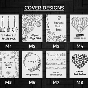 Peut inclure: Huit designs de couverture diff&eacute;rents pour des livres de recettes. Chaque design pr&eacute;sente une illustration et un texte diff&eacute;rents. Les designs comprennent un c&oelig;ur rempli d'ustensiles de cuisine, un c&oelig;ur rempli de cupcakes, une couronne de fleurs, une &eacute;tag&egrave;re d'ustensiles de cuisine, une spatule, un fouet et une cuill&egrave;re, et une collection de l&eacute;gumes et d'herbes.