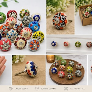 May include: A collection of round ceramic cabinet knobs featuring various colorful floral and geometric patterns. Each knob has a central silver-toned metal hardware piece. One image shows a knob with a diameter of 1.5 inches and a height of 1.2 inches.