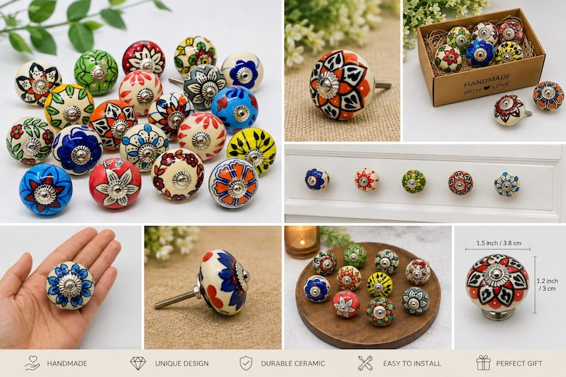 May include: A collection of round ceramic cabinet knobs featuring various colorful floral and geometric patterns. Each knob has a central silver-toned metal hardware piece. One image shows a knob with a diameter of 1.5 inches and a height of 1.2 inches.