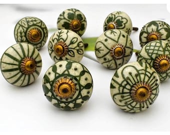 Green Ceramic Door Knobs, Vintage Decorative Drawer Pulls, Handmade Cabinet Hardware