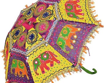 Handgemaakte Rajasthani olifantenparaplu | Geborduurd spiegelwerk, boho-decoratie