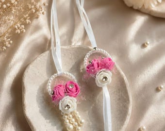 Floral Pearl Rakhi Pair | Pink White Roses, Satin Ribbon, Indian Festival Gift